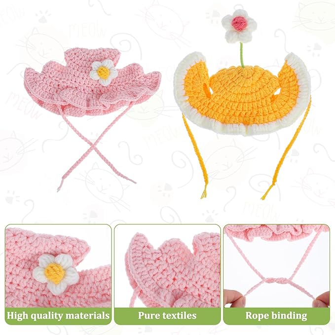 2pcs Cute Flower Cat Hat, Cotton & Soft Cute Knitted Hats for Cats, Halloween Christmas Holiday Party Clothes Birthday Party Puppy Hat for Small Pets, Holiday & Photo Outfit