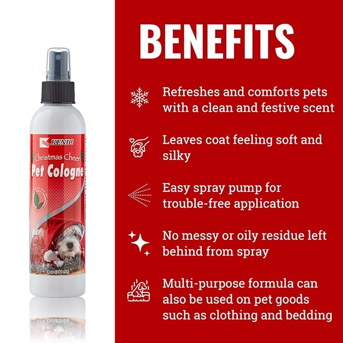 Kenic Christmas Cheer Pet Cologne, Long Lasting Limited Edition Sweet Holiday Treat Scented Dog & Cat Deodorizing Spray, Freshens, Neutralizes and Shines Coat Between Baths, Made in USA
