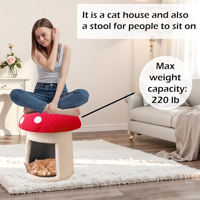 Mushroom Cow Cat Bed House for Indoor Cats & Small Dogs - Soft Cave-Style Pet Nest with Removable Washable Cushion, Plush Semi-Enclosed Cat Cave Tent, (red and White, Sturdy)