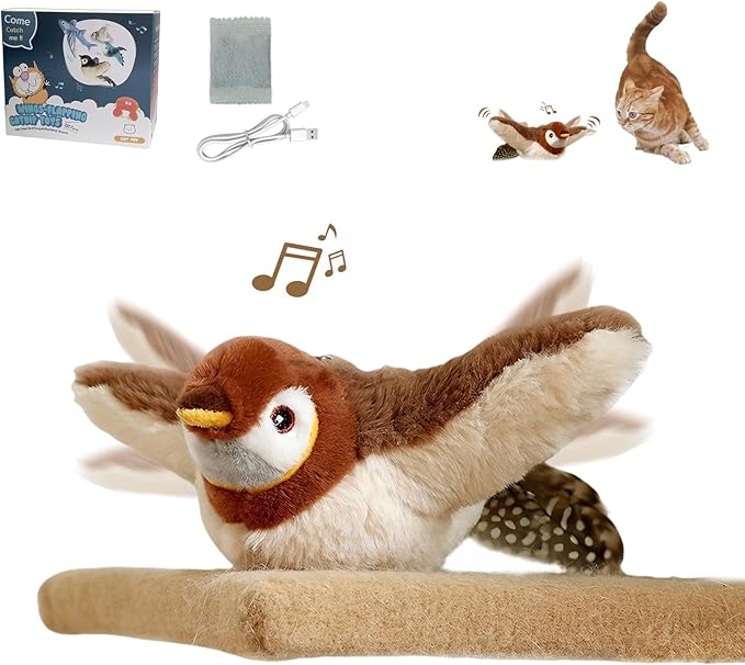 Flapping Bird Cat Toy, No Flying, Flapping & Chirping Wings Sparrow with Catnip, Rechargeable Touch Activated for Cats, Kitten or Small Dogs to Interact & Play
