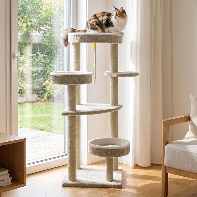 PETSITE 51-inch Modern Cat Tree, Multi-Level Cat Tower with Scratching Posts, 3 Comfy Cat Beds, and Interactive Sisal Rope, Ideal for Indoor Cats and Kittens