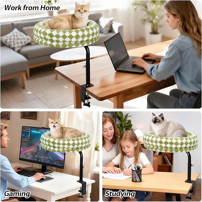 Sunhoo Cat Desk Bed 360° Rotating Height Adjustable Desktop Mount Hammock Kitten Perch Easy Setup Kitty Nest Table Clamp-on Attachment for Indoor Cats Washable 17" Diameter Hold Up to 40lbs（Green）