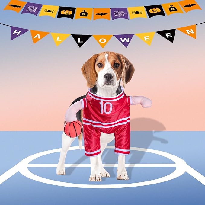 DELIFUR Dog Basketball Player Costume - Pet Halloween Costume Adjustable Funny Dress Up Sports Outfit Cosplay Clothes for Small Medium Dog (Red Basketball, Medium)