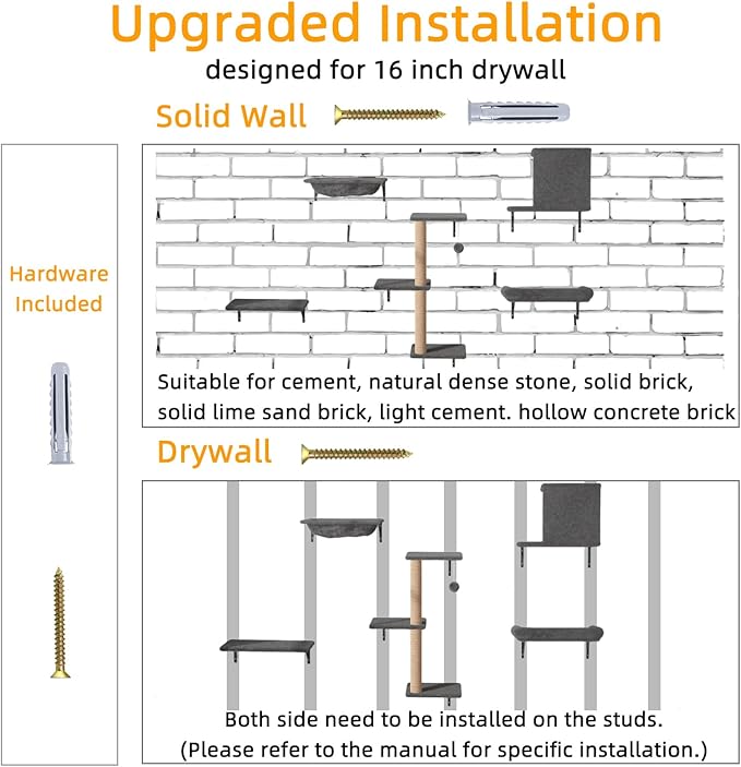 Cat Wall Shelves 5-Piece Set,Cat Walls Furniture for Indoor Large Cats Includes Bed, Cave, Scratching Post, Hammock, Space Saving Floating Shelves (Dark Gray)