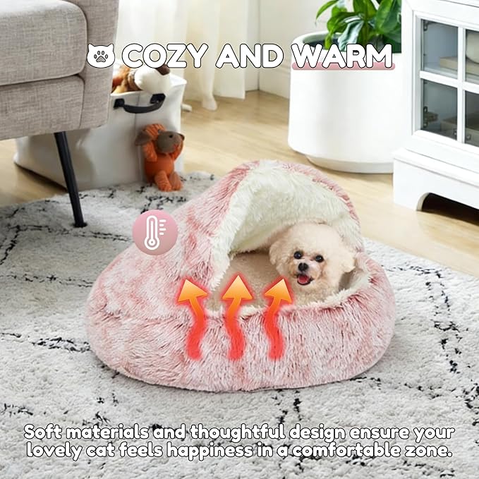 SUOXU Anti-Anxiety Cat Bed, Plush Hooded Cave, 20 in Diameter, Suitable for Small to Medium Pets, Pink