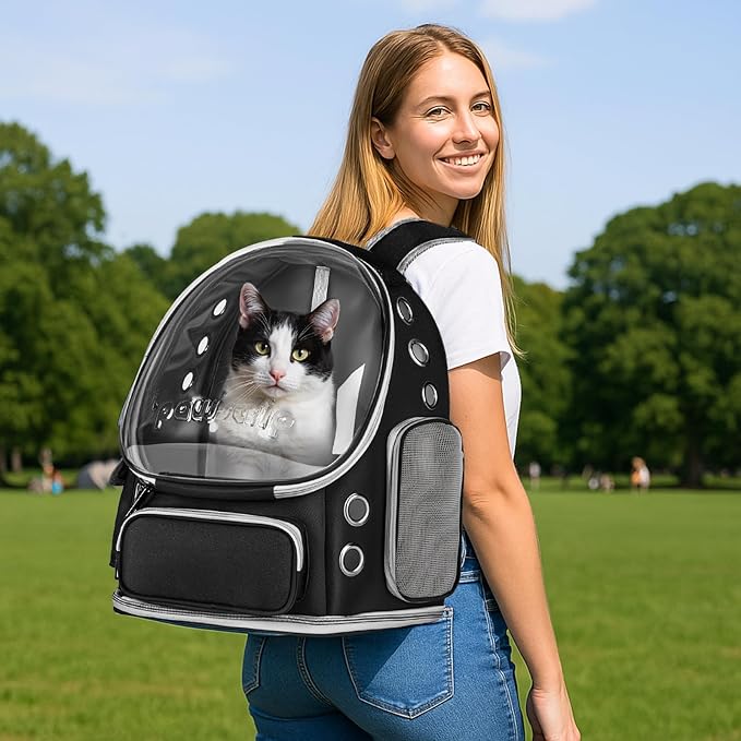 Cat Backpack Carrier with Large Space Bubble Window, Airline Approved Breathable Pet Carrier for Small Dogs Cats up to 15lbs, Foldable for Travel Hiking & Outdoor Use