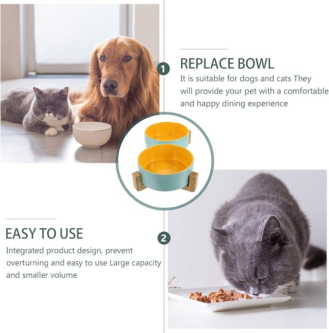 COLLBATH Ceramic Elevated Cat Bowl Set with Dual Bowls, Matte Two-Tone Blue and Yellow, Small Size with Wooden Stand, Kitten Supply for Indoor Feeding and Watering