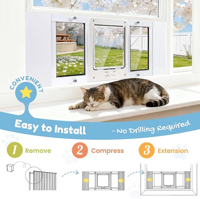 Full-Size Window Pet Door for Cats & Small Dogs, Fits 32"-36" Width Windows, No Damage Cat Door for Window, Lockable Window Mount Cat Door, Weatherproof Cat Door Window Insert Horizontal
