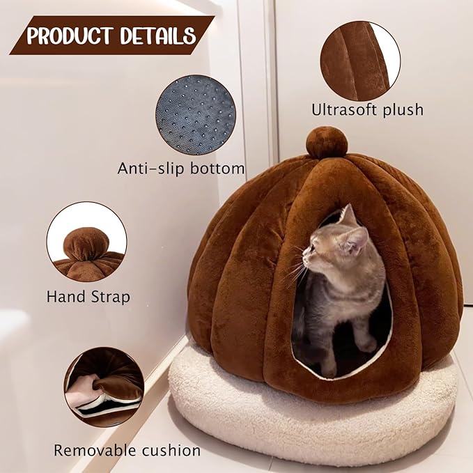Cat Bed for Indoor Cats - Adorable Cozy Cat Cave with Removable Cushion, Super Soft Pet House Tent for Kittens & Small Pets, Warm & Washable Non-Slip Design(M 17.7 inch Brown)