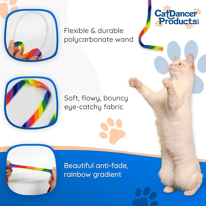 Cat Dancer Products Rainbow Cat Wand Charmer, Safe Teaser Wand for Indoor Cats & Kittens, Flexible Exercise Toy Made of Multicolor Fabric Ribbon, For Medium Breeds