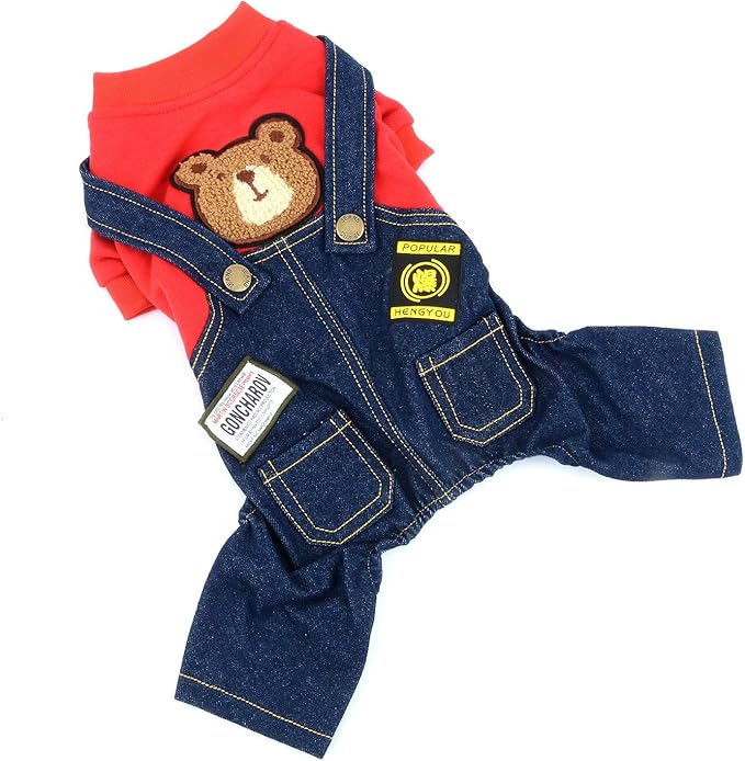Dog Outfits for Small Dogs Boy Girl Spring Shirts Denim Bib Pants 2 Pockets Jumpsuits One Piece Apparel for Cats Puppies Chihuahua Clothes Adorable Overall for Medium Pet 4 Legs Autumn Red S