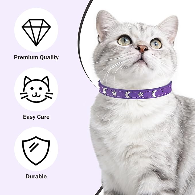 Leather Cat Collars for Boy Girl Cats with Bell and Safety Elastic Belt, Personalized Star and Moon Stud Adjustable Safe Buckle Collar for Kitty Small Big Cats Size 7-9 Inch, Purple