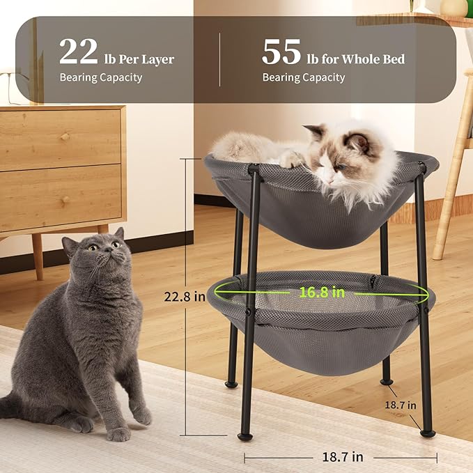 JUNSPOW Double Cat Bed Grey, Breathable Kitty Bed for 2 Cats with 4 Adjustable Feet & Anti-Slip Mats, Easy Assembly Cat Hammock for Multi-cat Household, Indoors & Outdoors, 22.8 in x18.7 in x 18.7 in