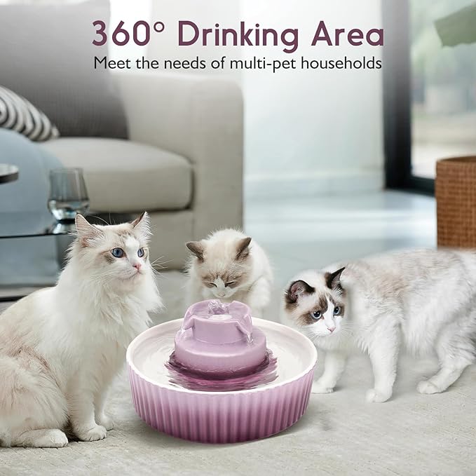 Lawfery Ceramic Cat Water Fountain, 2.1L/71oz Cat Fountain with 3 Carbon Filters and 2 Water Pumps, Cupcake Pet Water Fountain for Cats and Dogs (Purple)