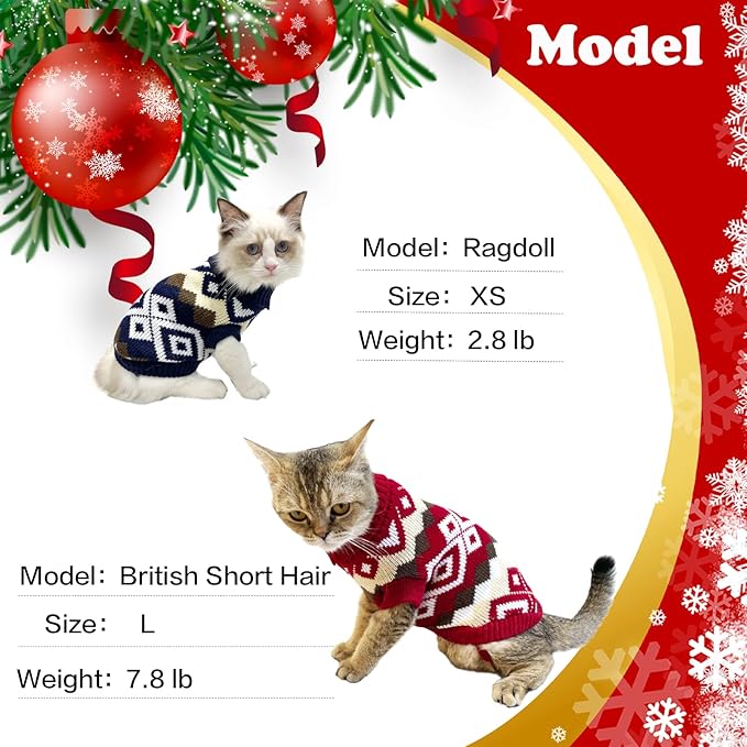 2Pcs Pet Christmas Plaid Sweaters Cat Navy Blue Sweater Kitten Puppy Christmas Red Sweater Dog Cat Xmas Costume Knitwear Sweater Clothes for Kitten Cat Puppy Dog XL