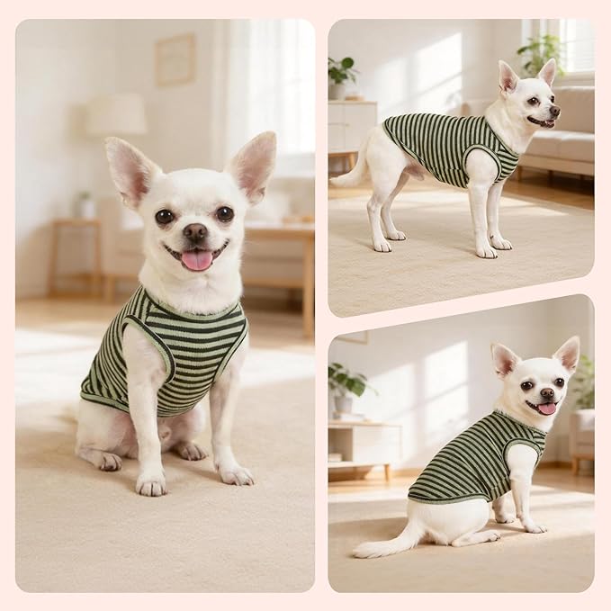 Dog Clothes, Stripe Dogs Shirts for Small & Medium Breeds, Pet Tank Top, Breathable Waffle Fabric Puppy Outfit, Shirt for Chihuahua, Yorkie, Dachshund, Corgi (Forest, XSmall)