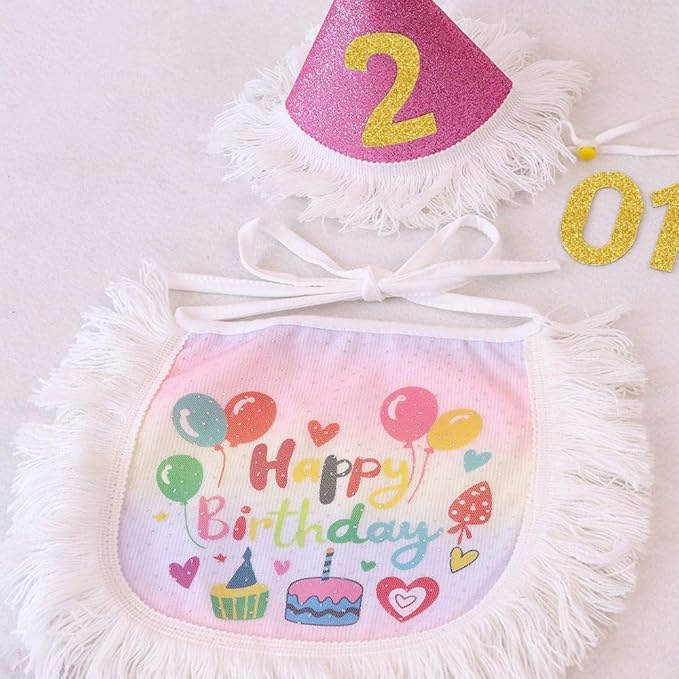 Cat Birthday Party Supplies, Pink Girl Cat Kitten Birthday Hat with Numbers & Gradient Bandana, Birthday Outfit Apparel for Cats and Kittens (Small, Happy Birthday)