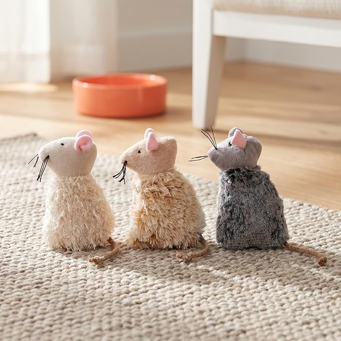 Ipetboom Refillable Catnip Toys for Cats - 3 Pack Interactive Cat Chew Toys for Indoor with Natural Long Fur and Jute Tail, Durable Plush Mouse Pet Fun Tool for Hunting and Boredom Relief