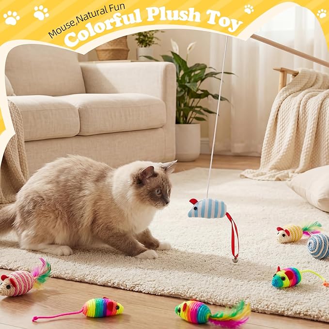 Leitee 16 Pcs Cat Interactive Toys Set Wooden Cats Teaser Wand Toy with Feather Handle Chew Rope Mouse Sisal Balls with Bells for Indoor Kitten Play Chase Exercise (Mice Toy)