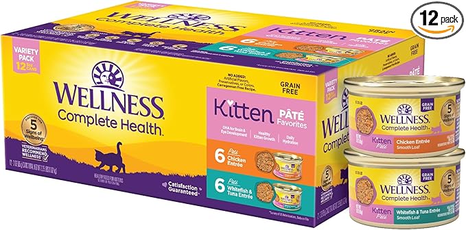 Wellness Complete Health Pate Variety Pack Kitten Canned Wet Cat Food, Natural, Protein Rich, Grain Free, Whitefish and Chicken Recipes, 3 oz, Pack of 12 Cans