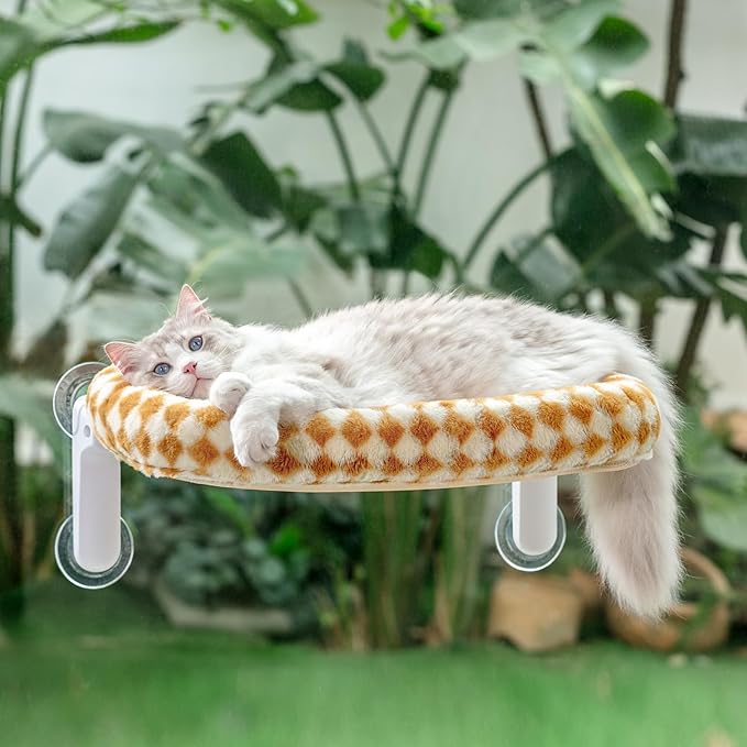 Sunhoo Cat Window Perch Bed Foldable Kitty Windowsill Hammock Shelf Seat Large Cats Suction Cup Indoor Kitten Window Sill Lounger with Soft Plush Cushion Machine Washable 21.26 * 11.8in (Brown, M)