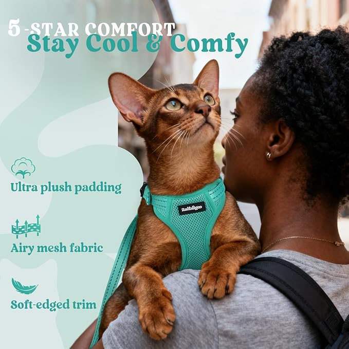 rabbitgoo Cat Harness and Leash, Escape Proof Vest with 3 Adjustable Buckles, Soft Comfortable Kitten Harness, Easy to Wear, Reflective for Safe Outdoor Walking, Medium, Green