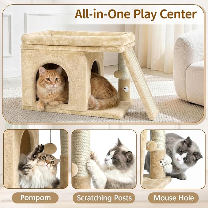 Cat Tree Tower Bed with Scratching Post for Indoor, Heavy Duty Small Stand House Condo for Large Cats & Kittens, Platform Perch Hideout Climb Rest Area, Modern Sturdy Furniture, Beige