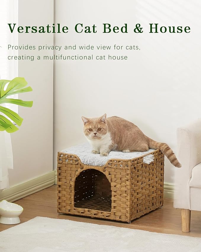 SETVSON Cat Beds Indoor Kitten House, Handwoven Rattan Cat Cave Pet Cube, Large Cat Houses, One Bed Mat, Foldable, Hideaway, 16.5x16.5x13.2 Inches, 2 S-Shaped Hooks in Living Room Bedroom Natural