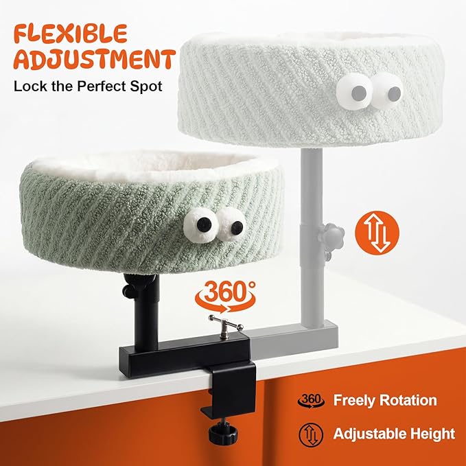 Cat Desk Bed, Height Adjustable 360° Rotating Desk Mounted Cat Bed, 2-in-1 Cat Desk Perch Hammock, Desk Cat Bed Attachment with Washable Cushion for Most Cats (Green)
