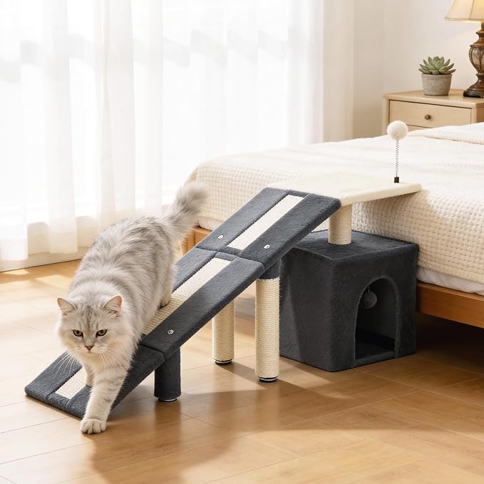 HOMBYS Cat Ramp for Bed, Gentle Slope Bed Access Ramp with Fun Spring Ball Toy & Sisal Scratching Posts, Soft Pet Ramp for Elderly Cats, Joint-Friendly Alternative to Cat Stairs