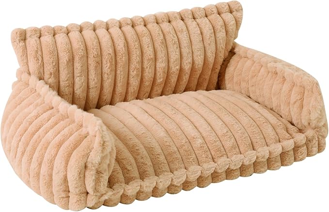 Plush Pet Couch, Soft Cat Bed with Bolster, Comfortable Pet Sofa for Indoor Lounging, Washable Cover, Large Size, Perfect for Medium to Large Breeds (Camel)