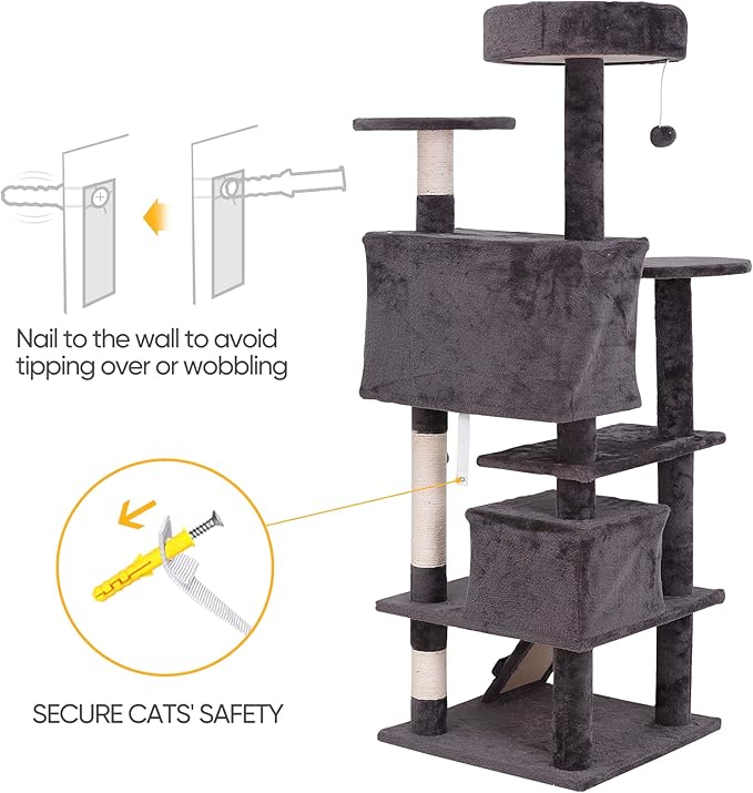 53 Inches Multi-Level Cat Tree Furniture Kitten Activity Play House Bed Pet Kitty Climbing Tower with Scratching Posts/Plush Perch/Scratcher Ladder/Tunnel for Cats,Kittens,Pets (Grey)