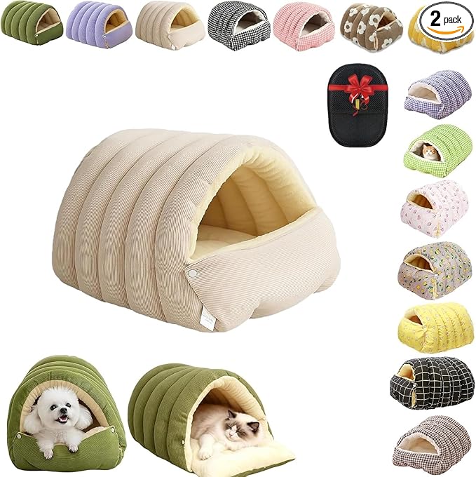 Removable and Washable Winter Closed-Off Cat Bed, Cutypet Winter Cave, Warm Foldable Secure Pet Nest for Indoor Cats & Small Dogs, Comfor Plush Snuggle Hut for Kitty, Puppy, Pets (Corduroy-White,M)