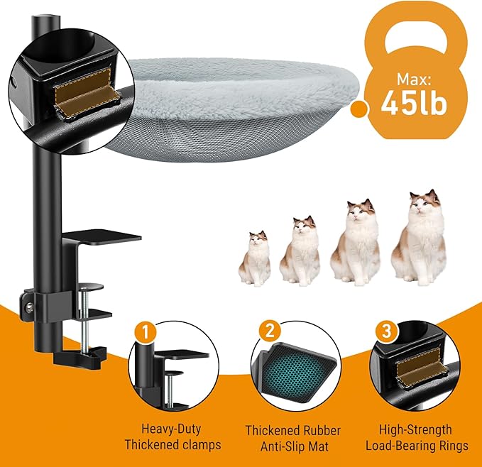 Cat Desk Bed - Cats Hammock for Home Office 360° Rotating & Height Adjustable - Supports Up to 45lbs Indoor Cat Nest Furniture for Office & Game Tables