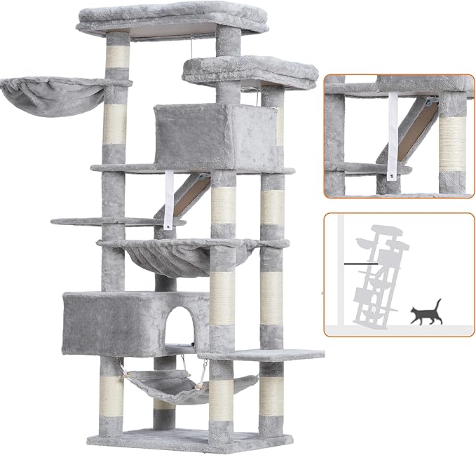 Heybly Cat Tree, 71-Inch-Tall Tower for Indoor Cats with 2 Perches, 2 Big Condos, 2 Hammocks, Basket, Scratching Pad, Large Cat Furniture and Condo, Light Gray HCT034W