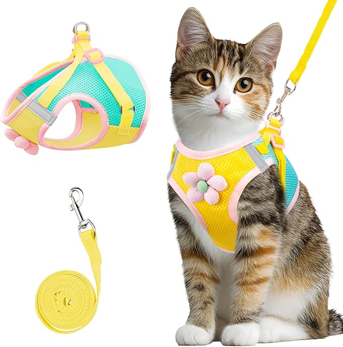Cat Harness and Leash Set Escape Proof, Adjustable Cat Vest Harnesses Soft Kitten Harness Reflective Strips Jacket with Flower, Breathable Mesh Harnesses for Cats Puppy Easy to Wear Outdoor Walking