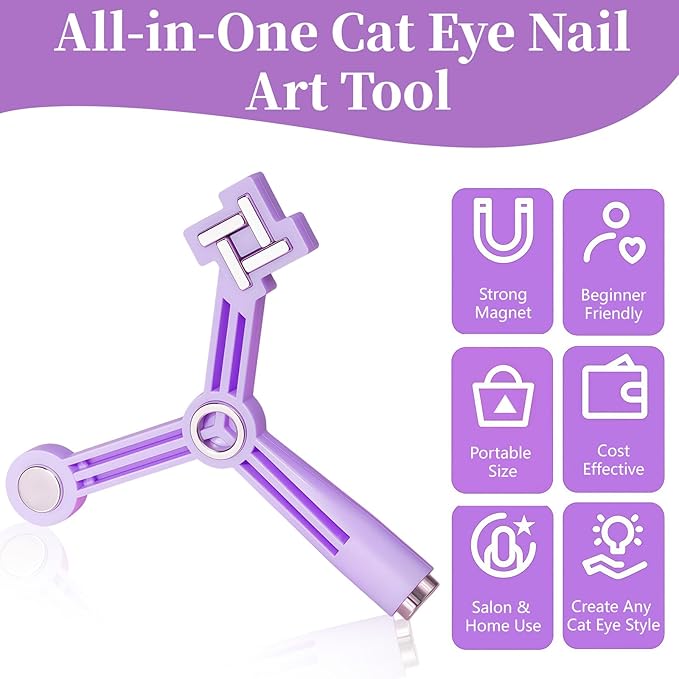4 in 1 Nail Magnet, Cat Eye Gel Nail Polish Magnet for Nails, Compact Magnetic Nail Tool for French, Star & Cat Eye Designs, Strong Magnet Easy to Control for DIY Home & Nail Salon (HJ-NAT295-Purple)
