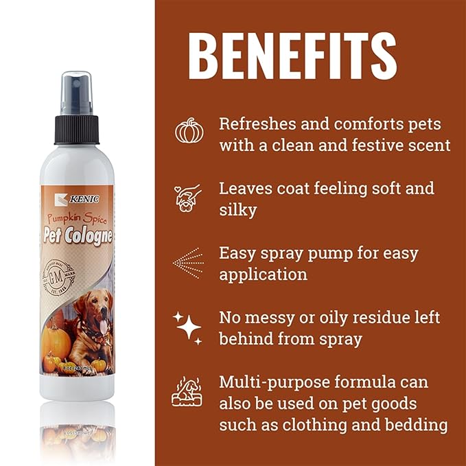 Kenic Pumpkin Spice Pet Cologne, Long Lasting Limited Edition Warm Pumpkin Spice Scented Dog & Cat Deodorizing Spray, Freshens, Neutralizes and Shines Coat Between Baths, Made in USA