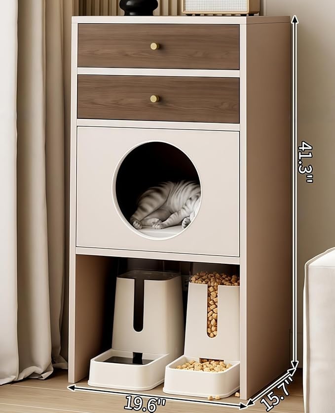 Multi-Function Cat House Furniture, Solid Wood Cat Condo with Storage Drawer, Pet Bed & Feeding Area, Compact Cat Cabinet (Khaki & Walnut,19.6" L*15.7" W*41.3" H)