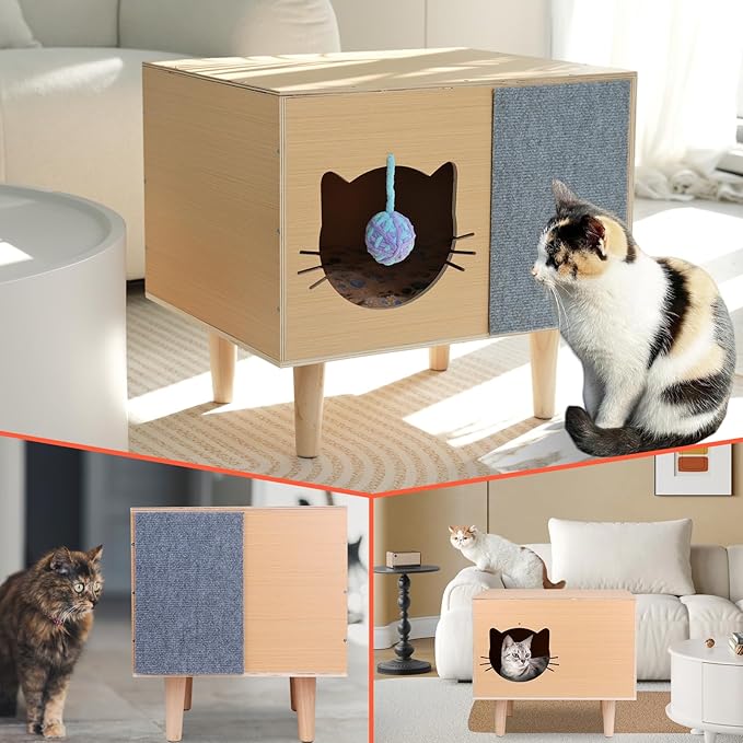 Cat House for Indoor Cat Bed Cave Wooden Condo with Cushion Scratcher Fluffy Ball Large Kitten Small Animal Stray Cats Hideaway Pet Cube