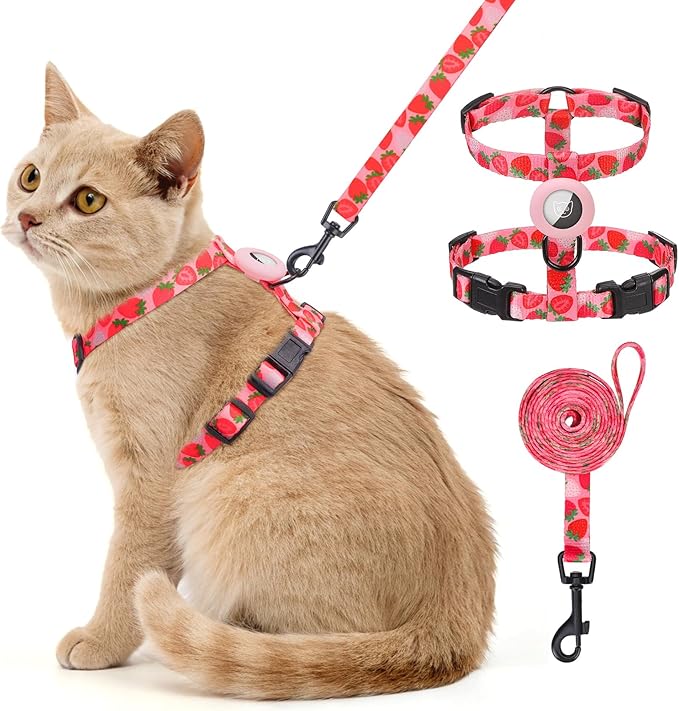 SCENEREAL Adjustable Cat Harness and Leash Set with AirTag Holder, Escape-Proof Design for Small to Large Cats, Lightweight Soft Travel Harness, Pink Strawberry