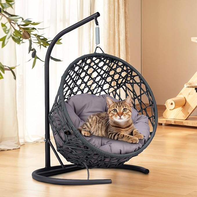 Hanging Cat Swing Bed with Stand & Cushion – Rattan Wicker Egg Chair for Cats, Small Dogs & Pets, Indoor Swinging Bed, Cozy Resting Spot, Modern Design (Gray)