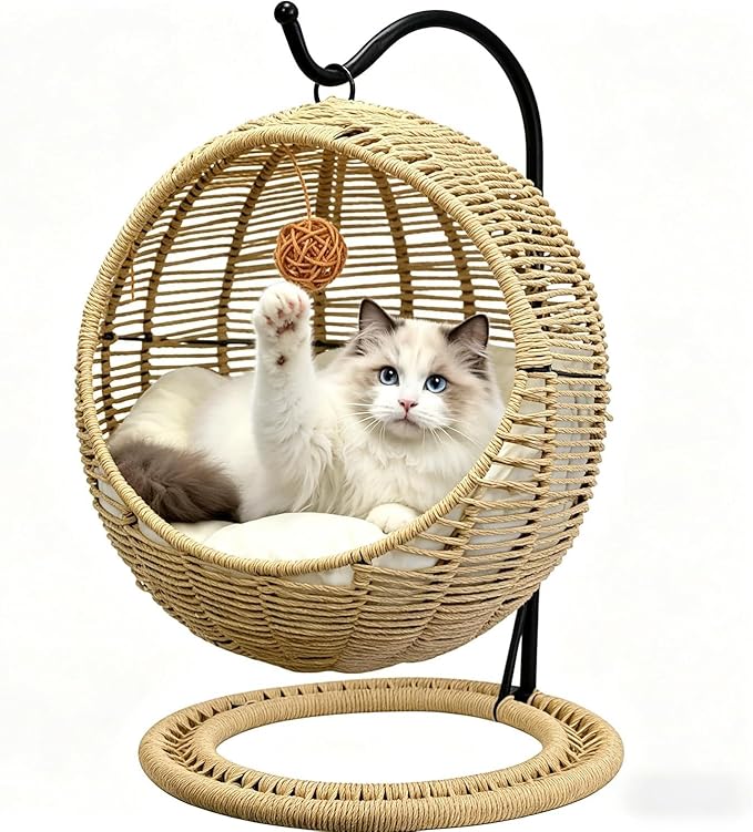BROWN-BROWN Handmade Wicker Hanging Cat Bed – Swinging Egg Chair with Removable Cushion & Hanging Ball, Cozy Cat Hammock for Bedroom & Living Room