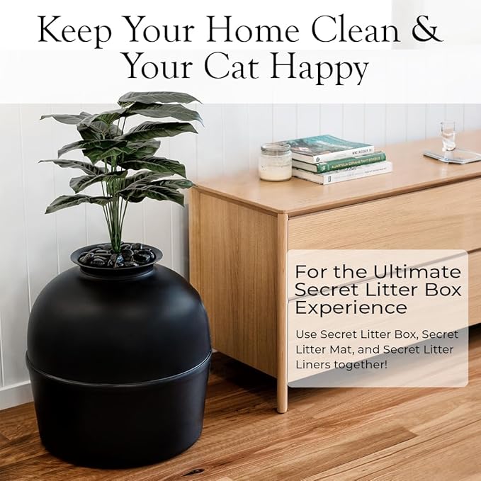 Secret Litter Box by Bundle & Bliss - Hidden Litter Box Enclosure, Patented Design with Odor Control, Includes Faux Plant, Carbon Filter and Real Stones (Matte Black)