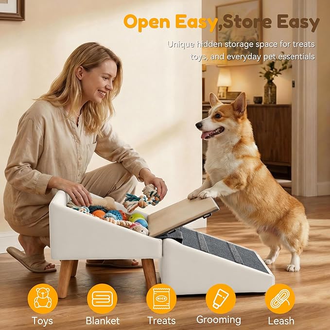 Dog Ramp for Small Dogs, 15.7" H 3-in-1 18.5" Extra Wide Foldable Ottoman & Hidden Storage Design Dog Stairs for Couch Sofa Bed, Non-Slip Pet Steps for Puppy Senior Injured Dogs (White)