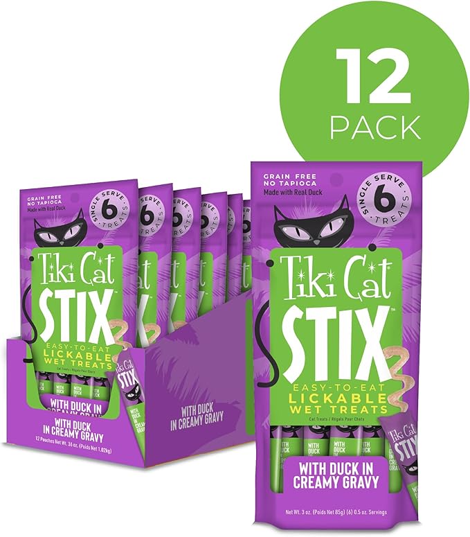 Tiki Cat Stix Wet Mousse Cat Treats, 3 oz. Pouch of Single Serve Lickable Treats, with Duck in Creamy Gravy, (8 Pack of 72 Tubes)
