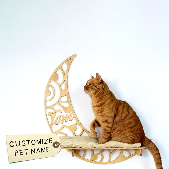 Personalized Cat Shelves, Half Moon Shape Wall Mounted, Custom Name Mounted Cat Shelf, Wooden Perch Toy Bed Furniture for Sleeping Playing Scratching, Your Pet Gifts