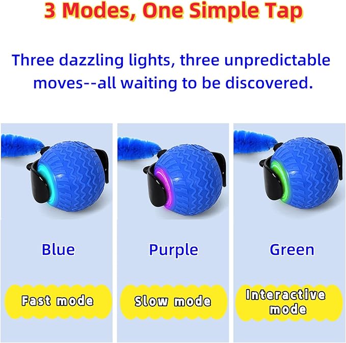 GoldenLife Interactive Cat Toys for Indoor Cats, Hamster Ball with Speedy Tail 2.0, Safe Silicone，3 Modes (Speed/Light) & Type-C Charging, Durable Moving Dog Toy for Indoor Cats/Dogs (Blue)