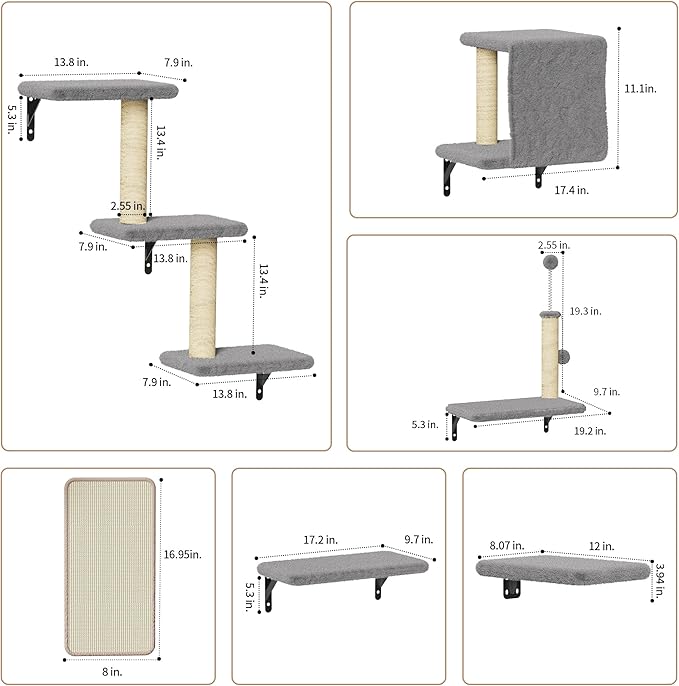 Cat Wall Shelves for Large Cats, Stable & Safe Kitty Walls Furniture Set for 40LBS Cats with Wooden Cat Climber,House, Bridge, Tree, Steps, and Scratcher for 16 Inch Drywall (Grey, 6-in-1)