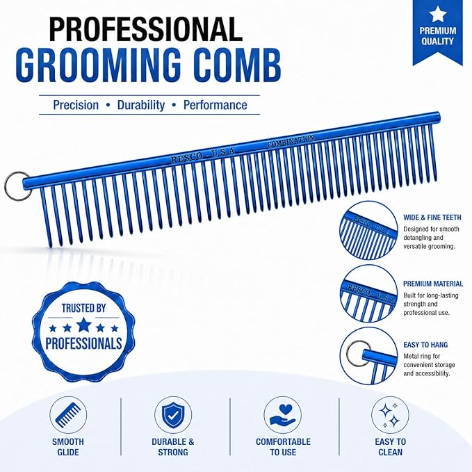 Resco Professional Anti-Static Best Dog, Cat, Pet Grooming Comb, Medium/Coarse Tooth Spacing, 1.5-Inch Pins, Candy Blue
